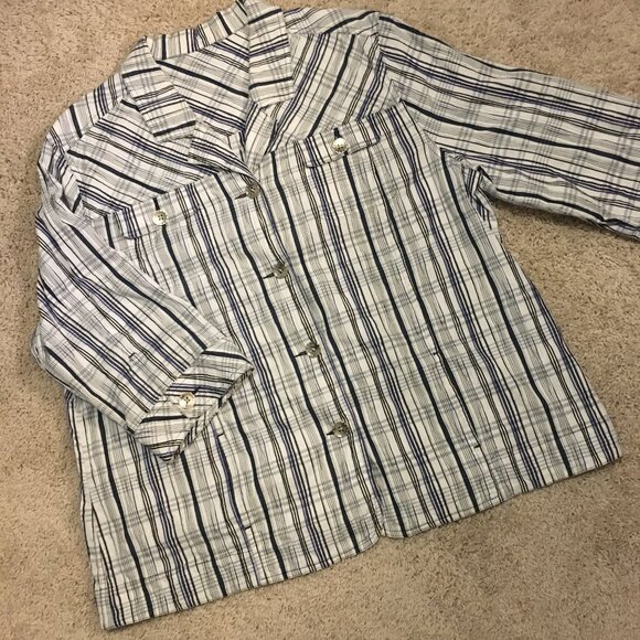 Plaid Seersucker White, Blue, Black and Metallic Silver Button Down Shirt - Picture 7 of 11